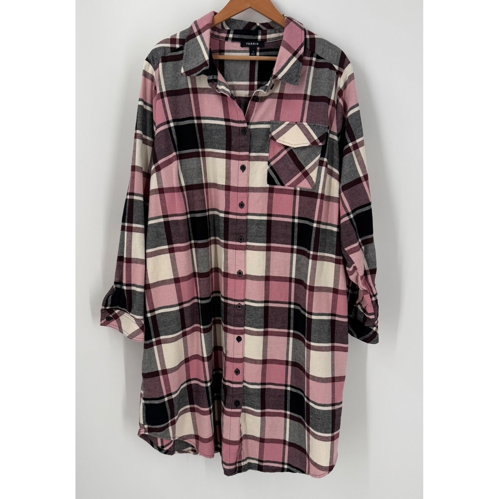 Torrid Pink Black Plaid Flannel Button Down Shirt Dress Womens Plus Size 3 3X
